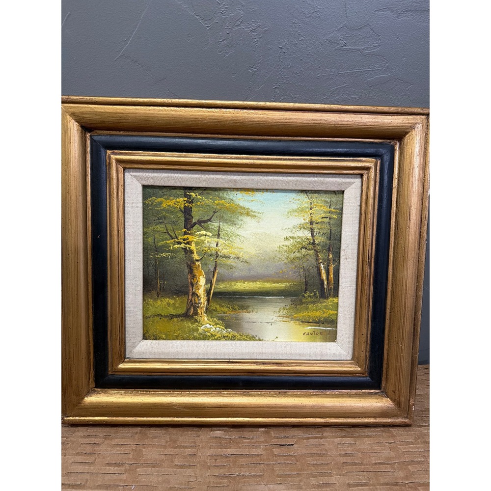 Vintage Cantrell Signed Landscape Oil Painting Gold Frame River Birch Trees 8x10